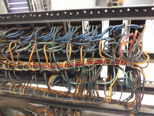 Wiring inside the IBM type 83 card sorter. This is the back of the relay panel.